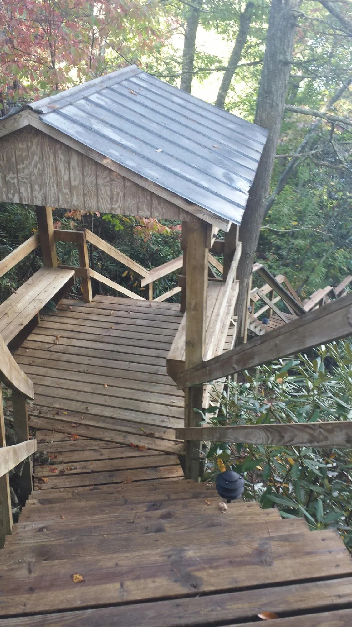 Metal roofed shelter over wooden steps on a wooded walkway — Skylight Repair & Installation work by our crew in Eagle Bay